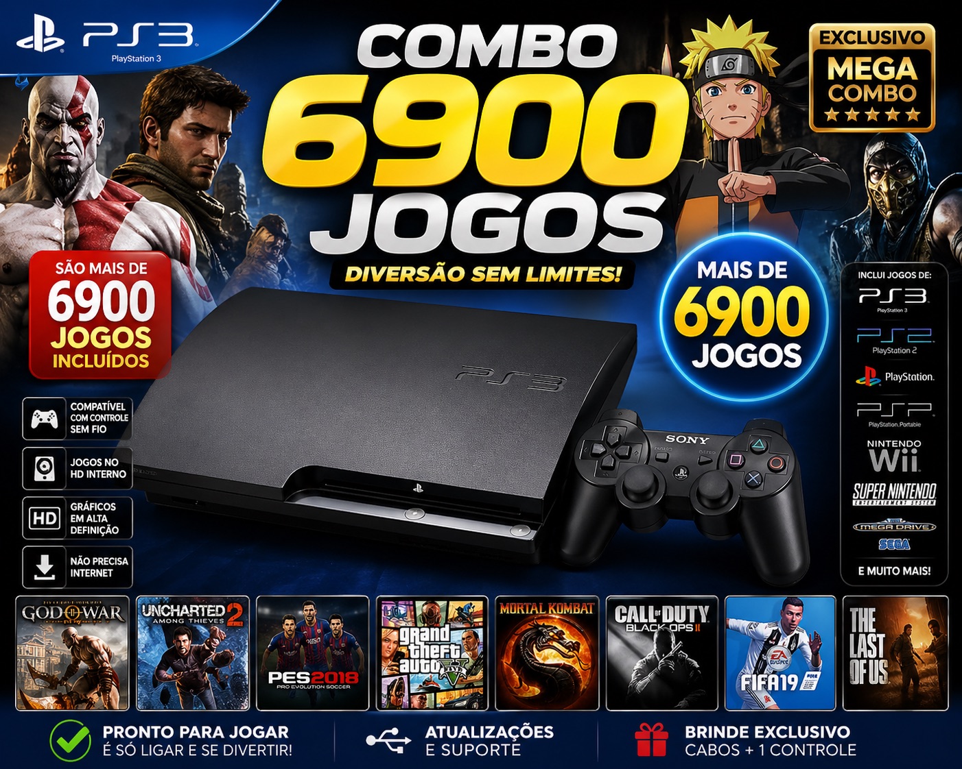PS3 com 6.900 Jogos + HD 500GB + 2 Controles